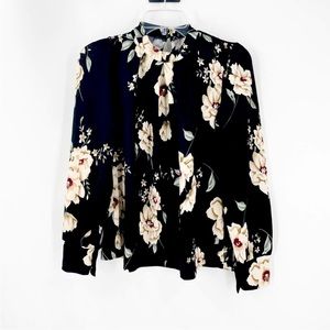 Shein Black Floral High Neck Long Sleeve Blouse XS